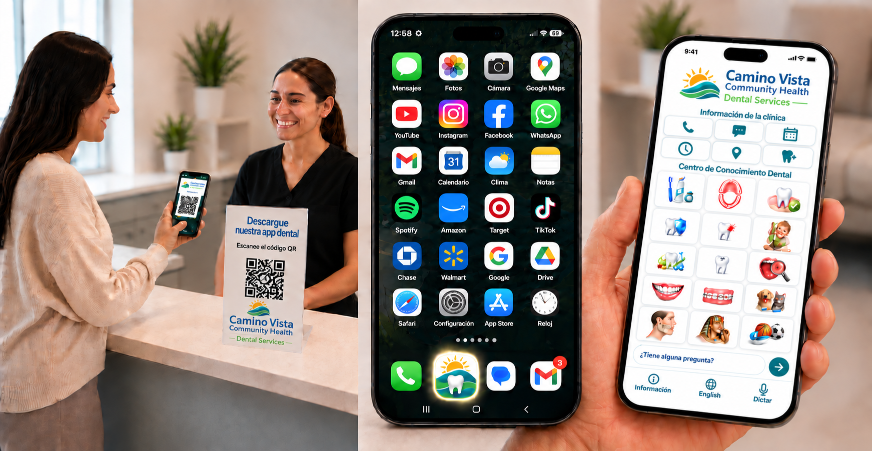 A patient scans a QR code at check-in, receives the Camino Vista Community Health dental mobile app on the phone Home Screen, and opens the Spanish-language dental app.